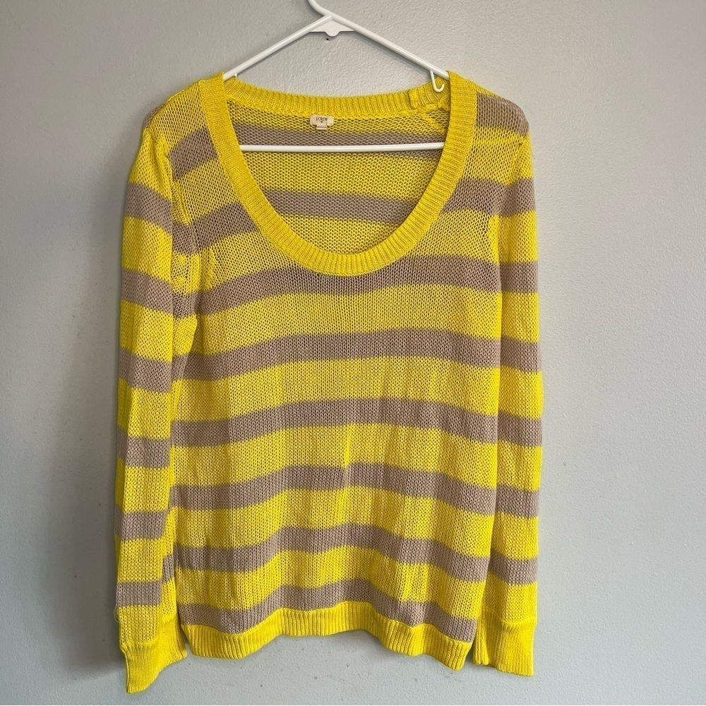 J Crew Linen Cotton Crew Neck Sweater Yellow Gray Striped Sz M Beach Fall Beachy